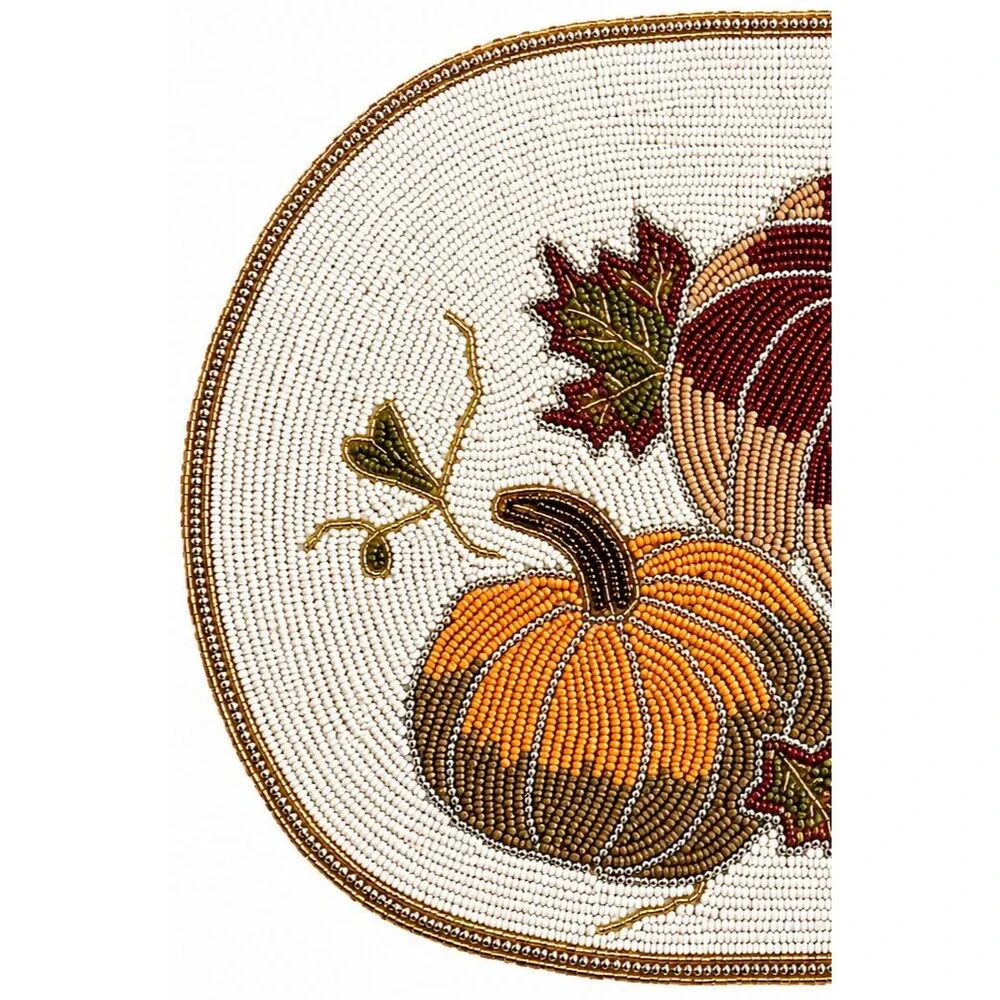 Tahari Home Beaded Pumpkin Placemat 12x18 Fall Leaves Thanksgiving Oval Charger